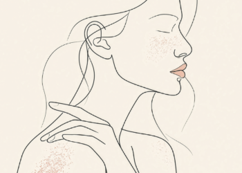 Line illustration of a woman in profile with her eyes closed, one hand on her shoulder, with pink speckles on her cheek and shoulder.