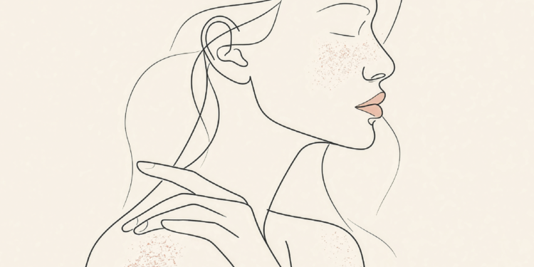 Line illustration of a woman in profile with her eyes closed, one hand on her shoulder, with pink speckles on her cheek and shoulder.