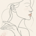 Line illustration of a woman in profile with her eyes closed, one hand on her shoulder, with pink speckles on her cheek and shoulder.